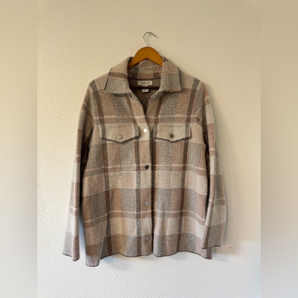 Rachel Zoe Beige and Brown Plaid Sweater Jacket, Size 1X